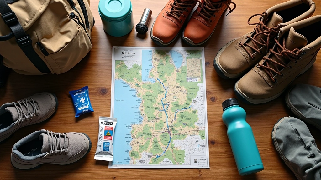 Detailní fotografie správně připraveného batohu a vybavení pro krátký horský výlet: mapa, voda, zdravotnický balíček a pohodlné boty