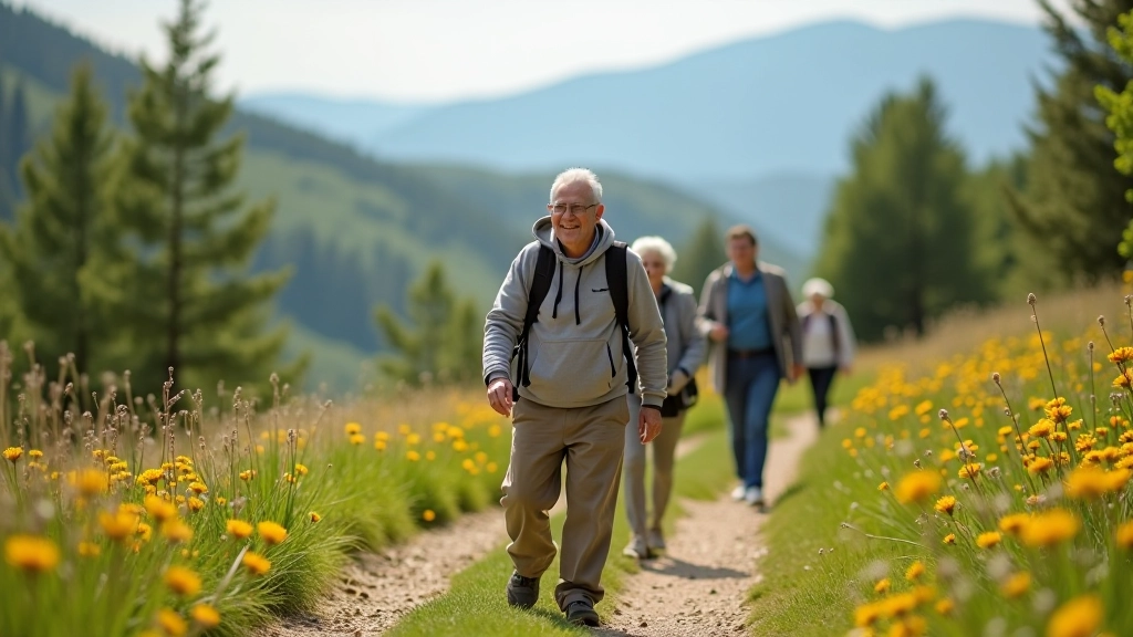 Skupina seniorů na procházce v přírodě